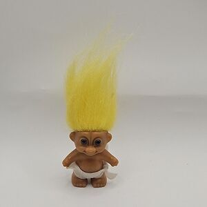 Vintage 1990s Russ Troll 2" Baby Doll Yellow Hair with Diaper Brown Eyes
